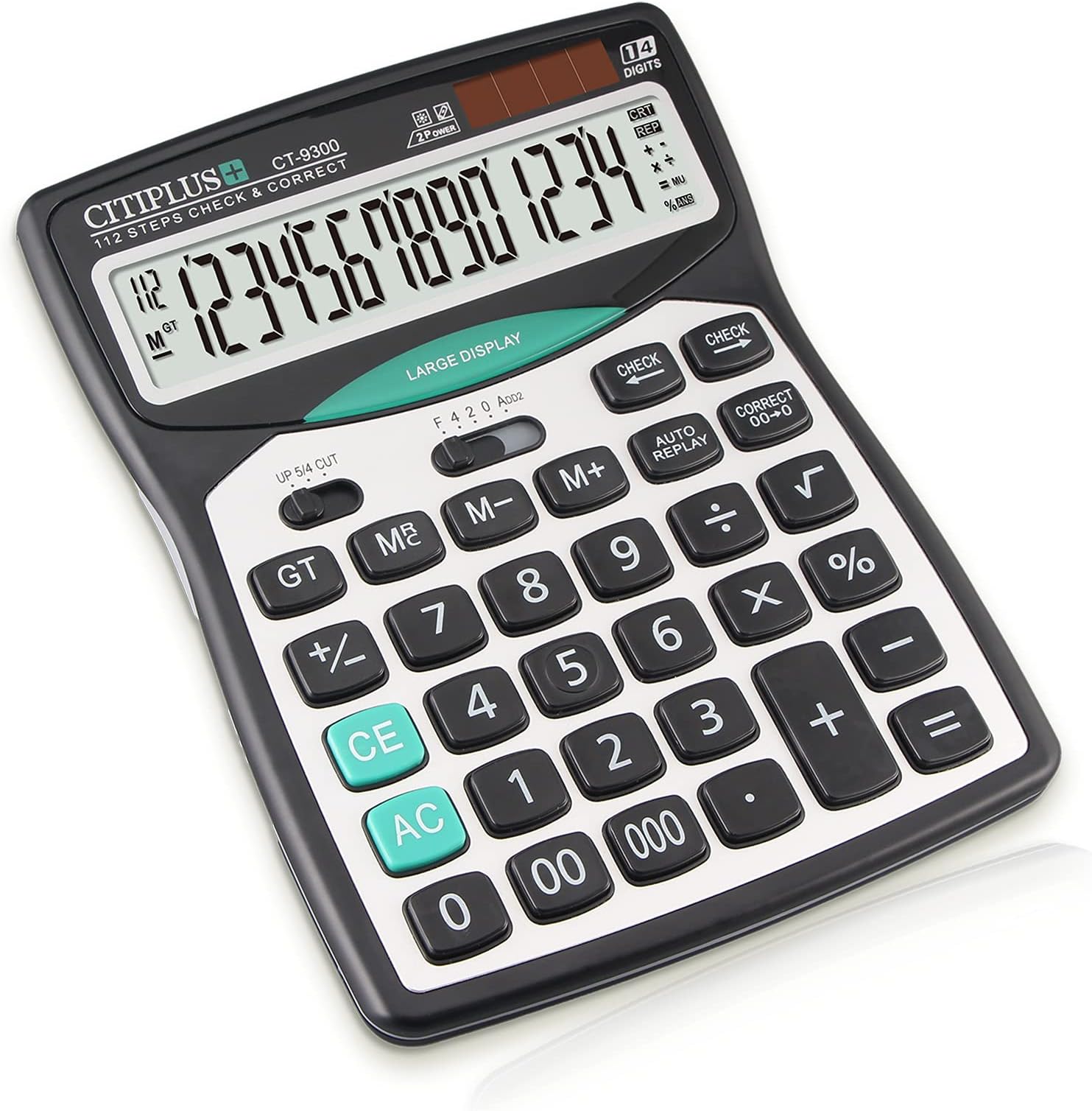 Professional Desktop Calculator with 14-Digit Large Display, Solar and Battery Dual Power Calculator with Big Buttons, Check Function Basic Calculator for Office, School, Home and Business