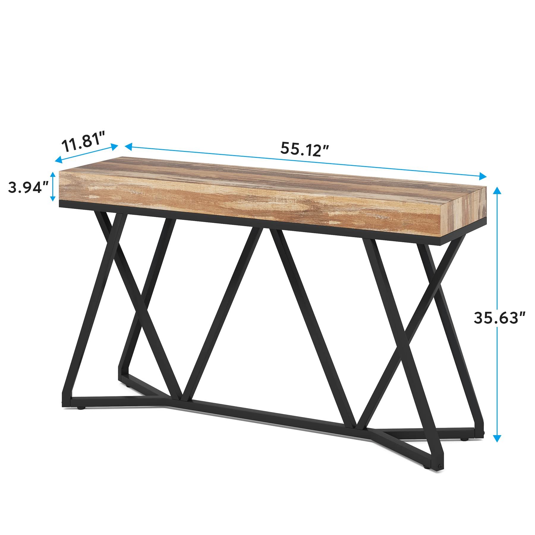 Tribesigns Stół konsolowy 140 cm, stół wiejski, stół wejściowy z wyjątkową metalową podstawą, mały stół wystawowy, stół foyer, przemysłowy stół do korytarza, salonu (kolor drewna)