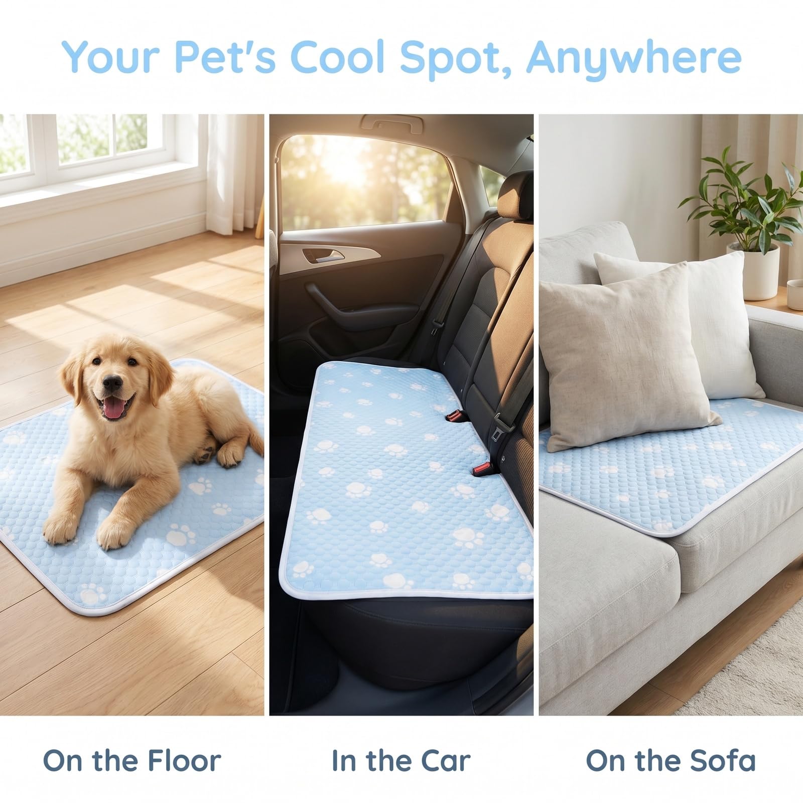Cama Perro Verano, 70x55 cm Alfombra Perro Refrescante, Manta Gato Transpirable y Absorbente, Cojin Perro Antideslizante para Interiores y Exteriores (Azul)