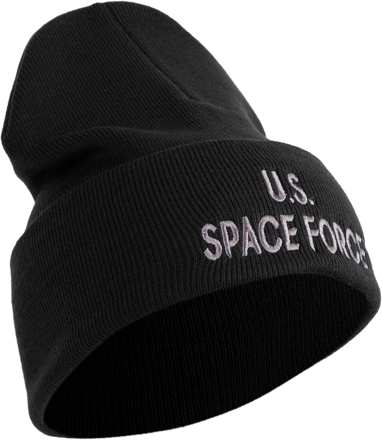 US Space Force Grey Letter Logo Embroidered 12 Inch Solid Knit Cuff Long Beanie Made in USA