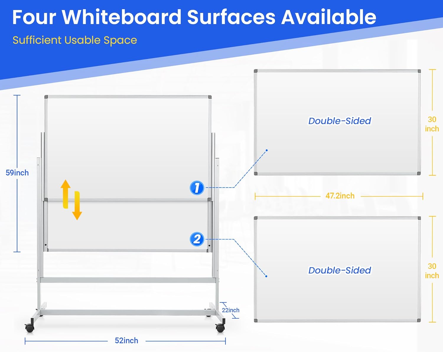 SWANCROWN 60″ x 48″ Rolling Whiteboard Height Adjustable Large White Board on Wheels Magnetic Double Sided Dry Erase Board 5' x 4' Four Writable Sides for Office School Home