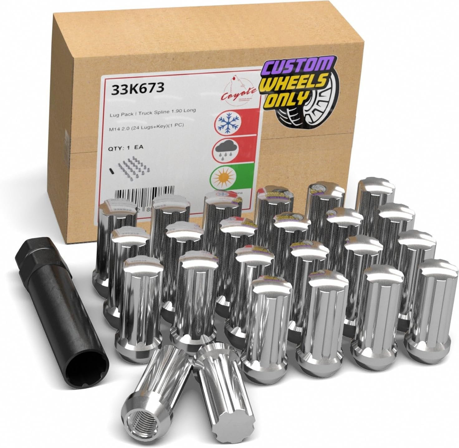 Wheel Accessories Parts 24 Pcs M14x2 14x2 Thread Truck 1.90" Long Spline Lug Nuts Chrome 7 Spline Fits Ford F-150 Expedition Lincoln Navigator