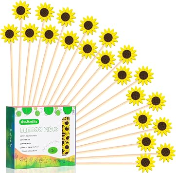 100Pcs Sunflower Cocktail Picks Spring Flower Sunflowers Decor Toothpicks Fruit Sticks Food Sandwich Appetizer Charcuterie Skewers, for Springtime Floral Sunflower Decorations Groovy Party Supplies