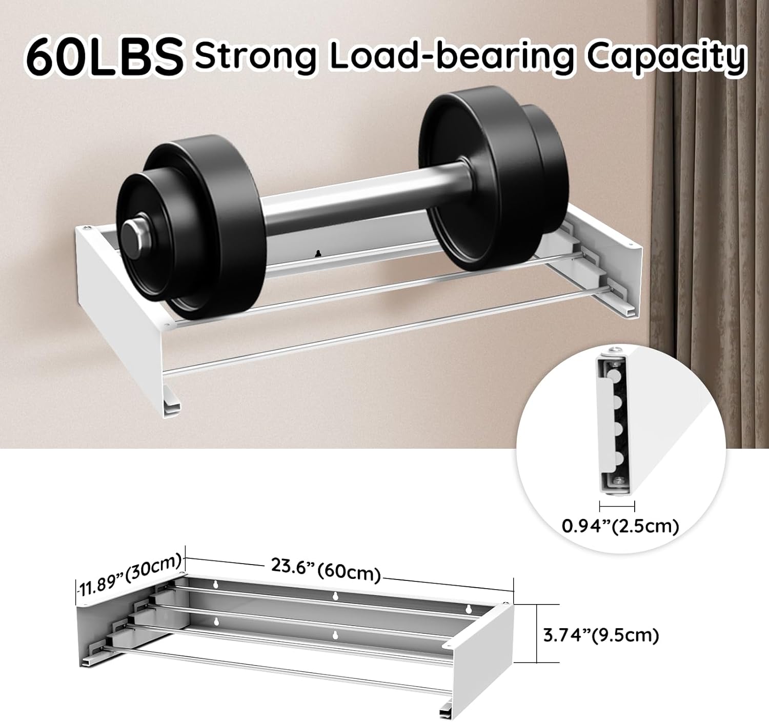 Laundry Drying Rack Collapsible,Wall Mounted Clothes Drying Rack Foldable,Indoor Drying Rack Clothing- 23.6"" Wide 4 Aluminum Rods 60lb Capacity with Wall Template,Screw,Drill Bit