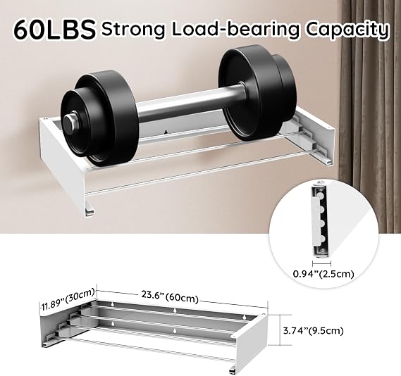 Laundry Drying Rack Collapsible,Wall Mounted Clothes Drying Rack Foldable,Indoor Drying Rack Clothing- 23.6 Wide 4 Aluminum Rods 60lb Capacity with Wall Template,Screw,Drill Bit