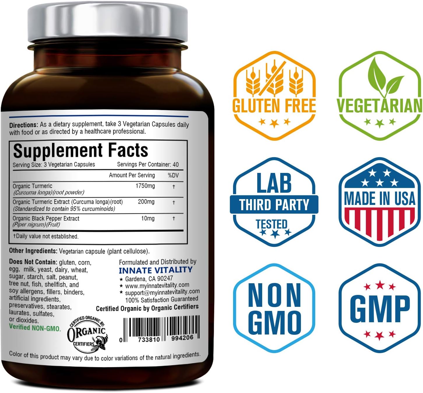 Organic Turmeric Curcumin with BioPerine, 95% Standardized Curcuminoids, 1960mg per Serving, 120 Veggie Caps, Non-GMO, NO Gluten NO Dairy NO Soy, Anti-Inflammatory, Pain Relief & Joint Support : Health & Household