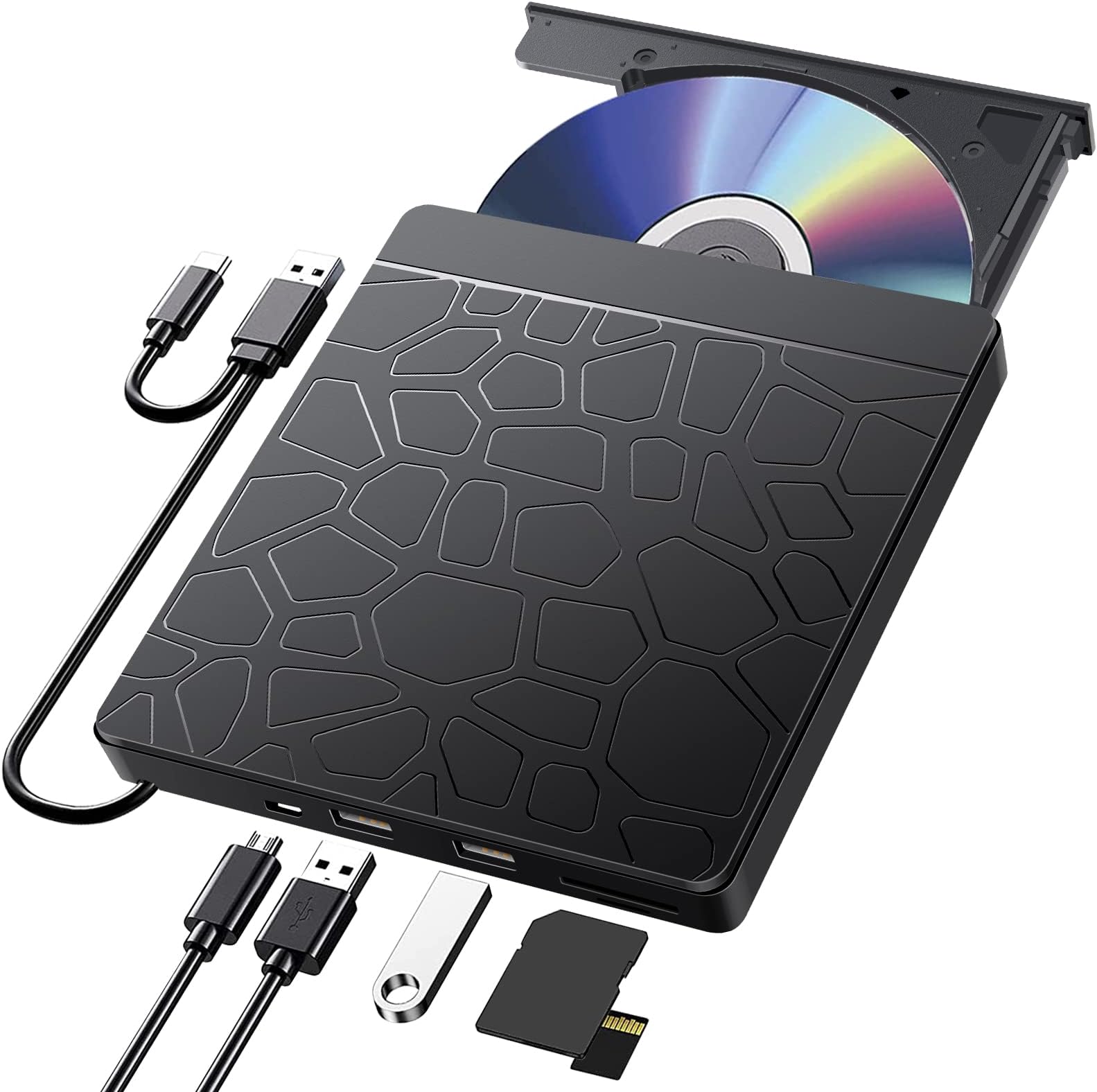 External CD DVD Drive for laptop Windows 11 10, USB 3.0 and Type-C Portable CD DVD +/-RW ROM Drive Reader Burner Rewriter with SD TF Slot & USB Ports, Slim DVD/CD Player for Linux, Mac OS