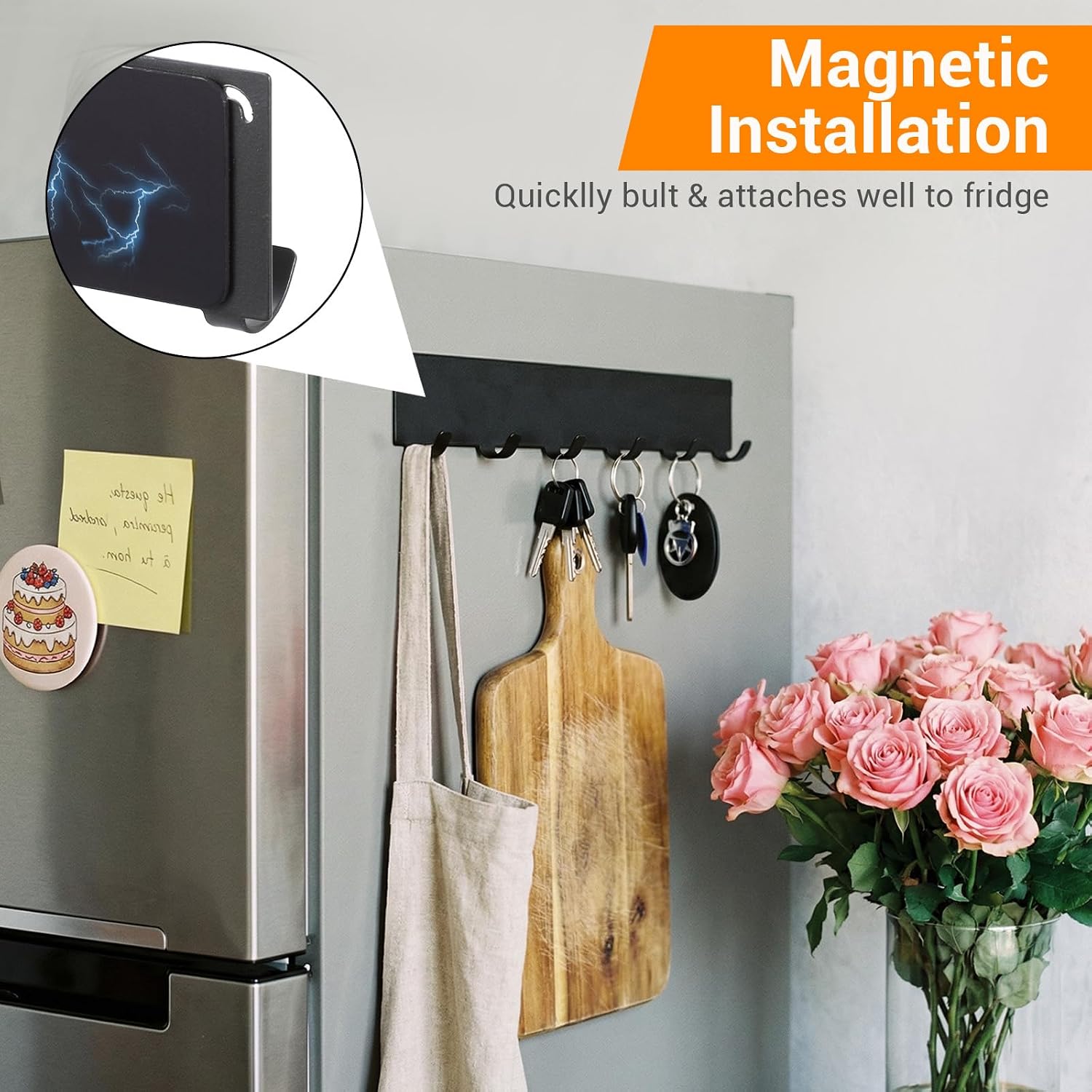 4 Pcs Magnetic Key Holder for Fridge, Heavy Duty Strong Key Rack Hanger with 6 Hooks, Magnetic Utensil Holder for Hanging Purse Kitchen Grill Tools Coat