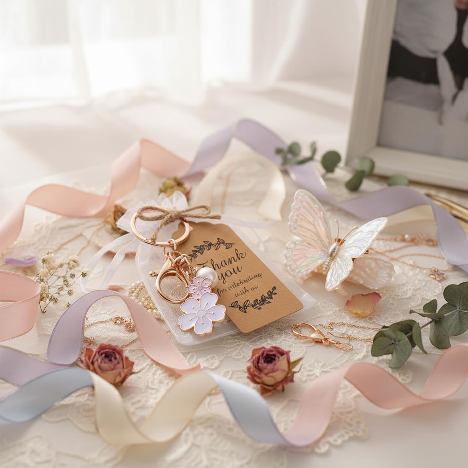 Ecation 20 Set Flower Keychain Party Favor Bulk Keyring Charm for Guest Baptism Bridal Shower Mother's Day Wedding Gift(White,Cherry Blossom)