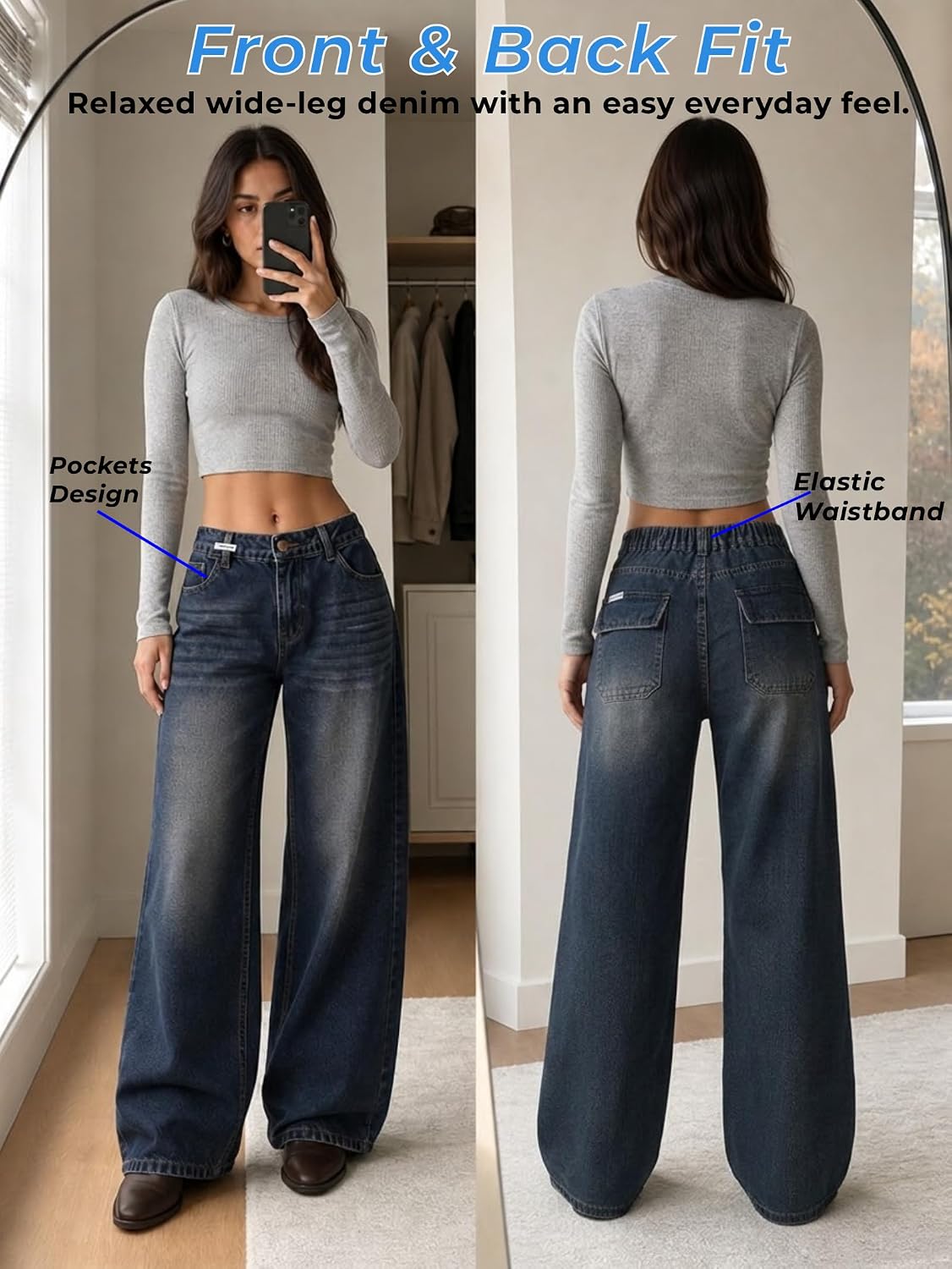 Jeans for Women Baggy Wide Leg Elastic Waist Low Mid Rise Denim Pants with Pockets Y2K 90s Boyfriend image 3