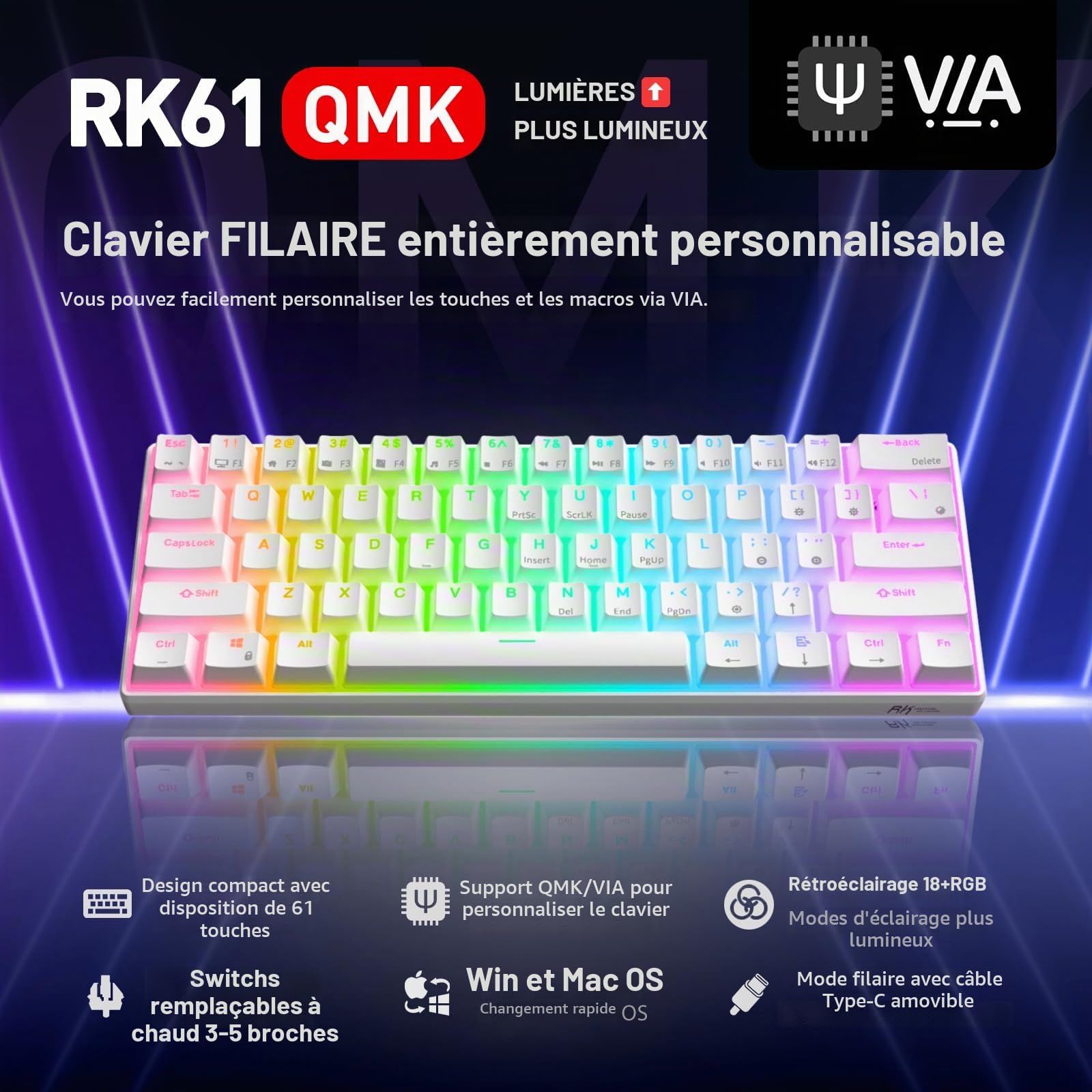 RK ROYAL KLUDGE RK61 Clavier de jeu filaire 60 % mécanique programmable QMK/VIA RVB rétroéclairé 61 touches Ultra-compact Hot Swap Marron Interrupteur blanc