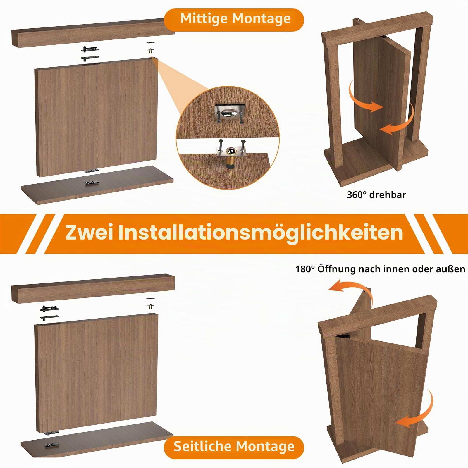 Verstecktes Drehscharnier, 258,5 kg belastbar, robuste Hardware für Bücherregal, Murphy-Tür-Set, 360 Grad drehbar, unsichtbare Scharniere für Geheimtür, Schwarz