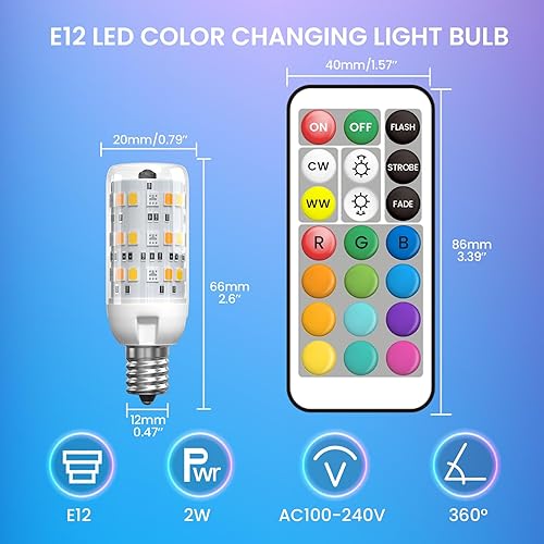 Miniatura 2 de Bombilla LED que cambia de color con control remoto 2 W E12, bombilla multicolor RGB3000K6000K6000KBase de candelabro regulable, 3 modos de función