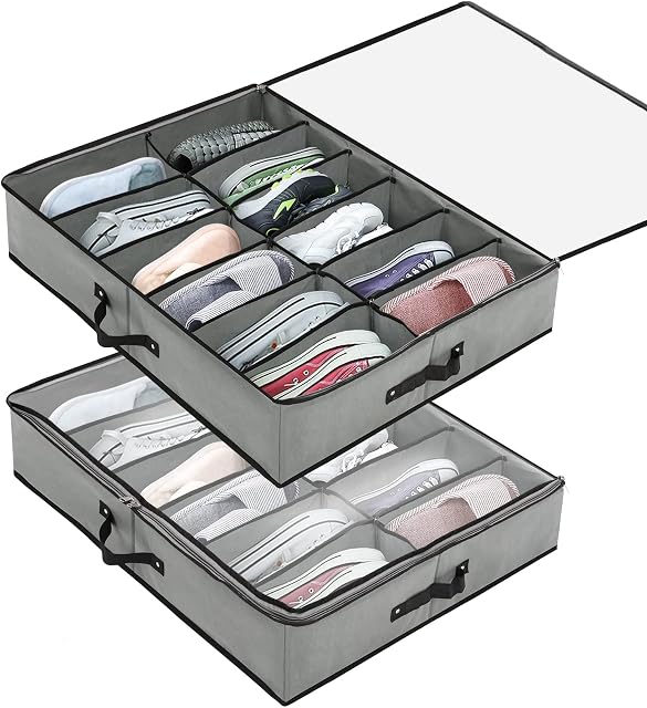 Under Bed Shoe Storage Organizer 2 PCS, Fits 24 Pairs of Sturdy Bed Bottom Shoe Box Bedding Organizer with Clear Cover Storage Bag, Sturdy Zipper, Breathable Fabric - Foldable with 2 Handles, (Grey)