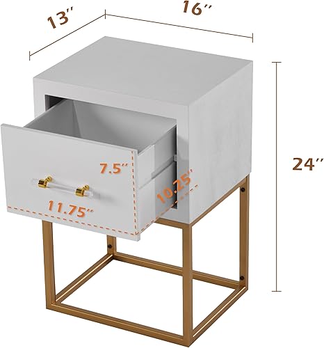 Miniatura 3 de LONYKE Juego de 2 mesitas de noche modernas de 1 cajón, mesa auxiliar minimalista con amplio cajón de almacenamiento y patas de metal dorado, para