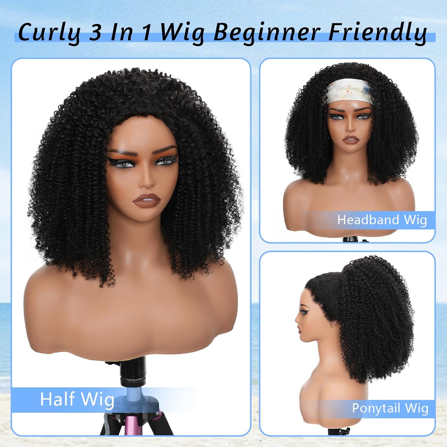 24 Inch Kinky Curly Half Wig Human Hair 200 Density 3 In 1 Seamless Flip Over Half Wig Beginner Friendly Glueless Drawstring Headband Wig for Women