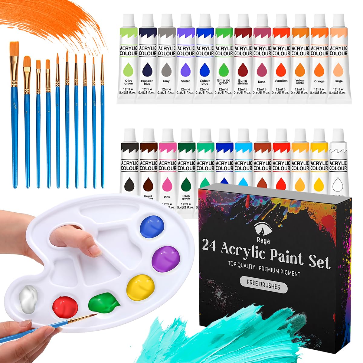 Raganet, Juego de 24 Pinturas Acrílicas de Colores Diferentes, Set de Pintura Al Óleo Profesional con Pinceles y Paleta, Perfecto para Artistas, Adultos y Niños