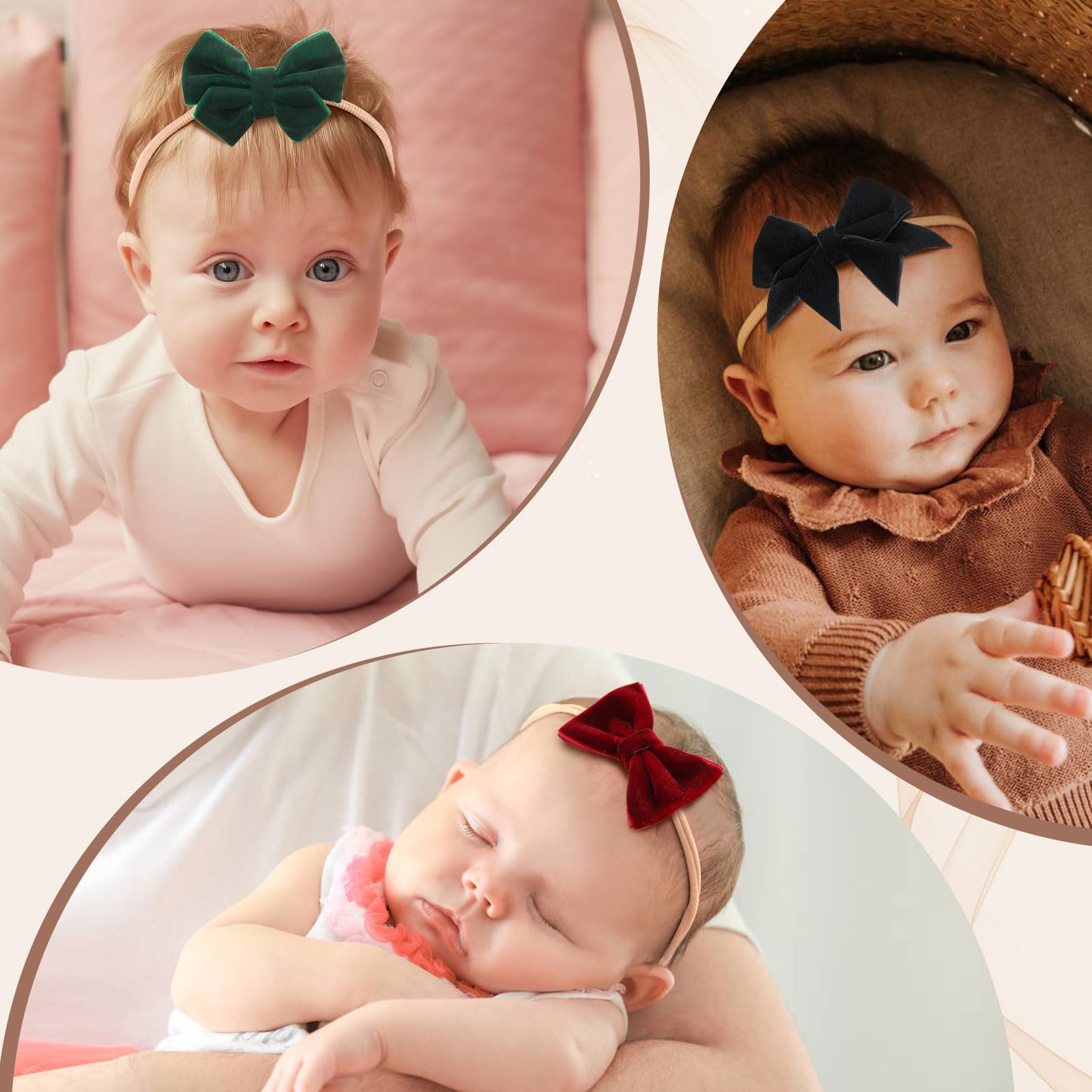 Lazos de terciopelo de 4 pulgadas, 3 diademas elásticas de nailon hechas a mano, lazos para recién nacidos, diademas para bebés y niñas recién nacidas