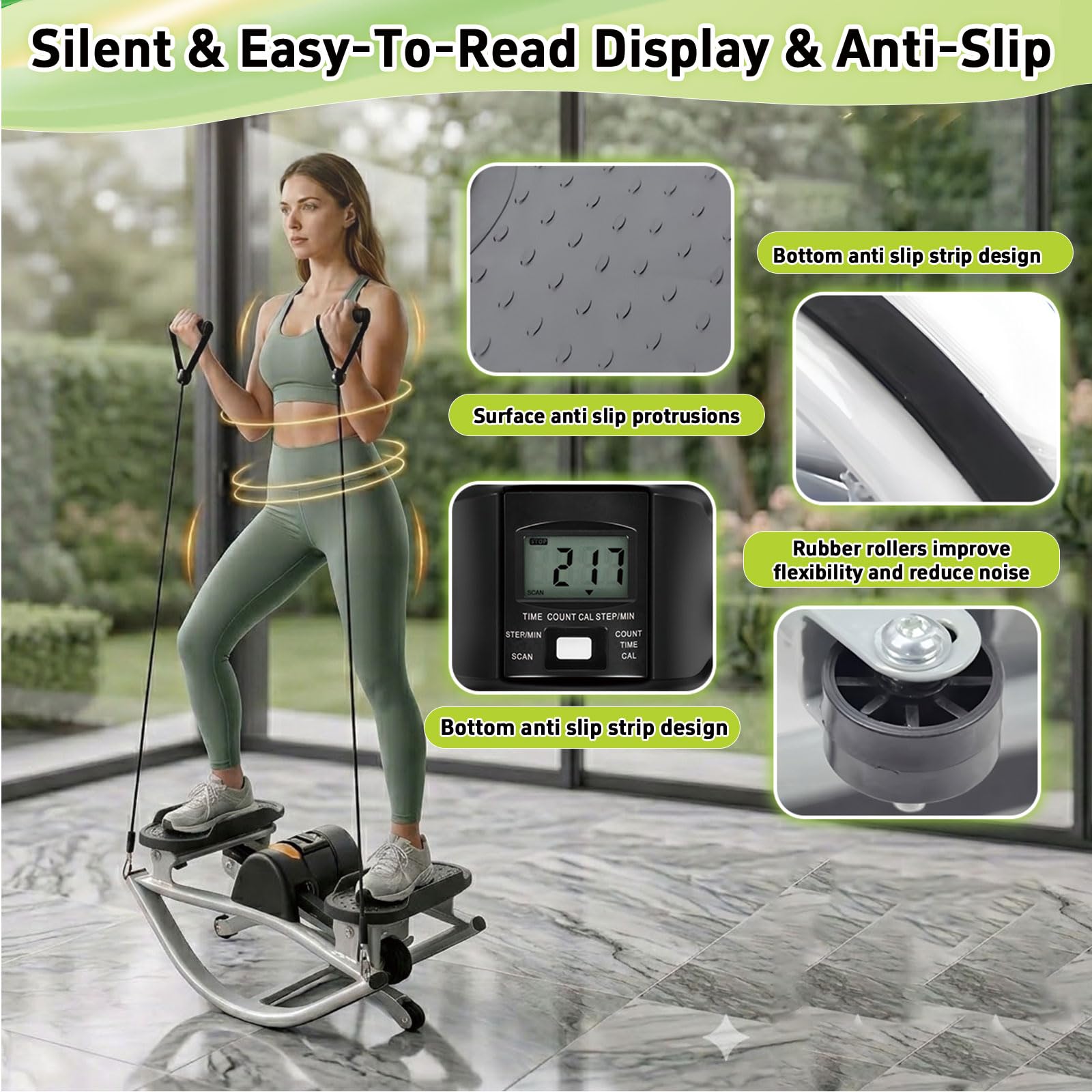 Rock Stepper Máquina de Ejercicios de Movimiento Lateral Silenciosa con Pantalla LCD y Bandas de Resistencia - para Casa y Debajo del Escritorio Premontada - Acero al Carbono