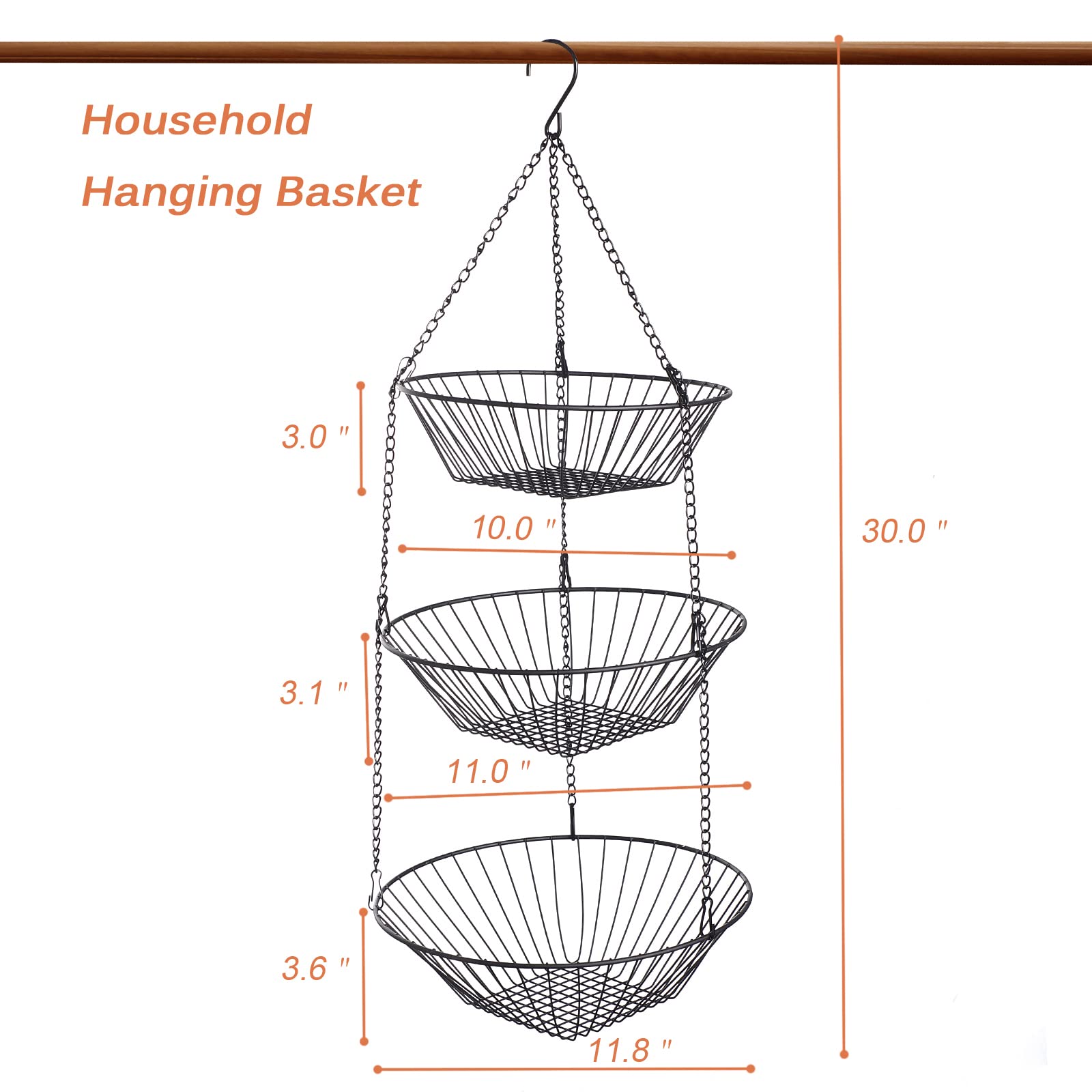 Cesta colgante de frutas de alambre de 3 niveles, cesta organizadora de almacenamiento de cocina, calcomanía sin costuras 3M y gancho de pared en S, adecuada para baño, cocina, armario 2