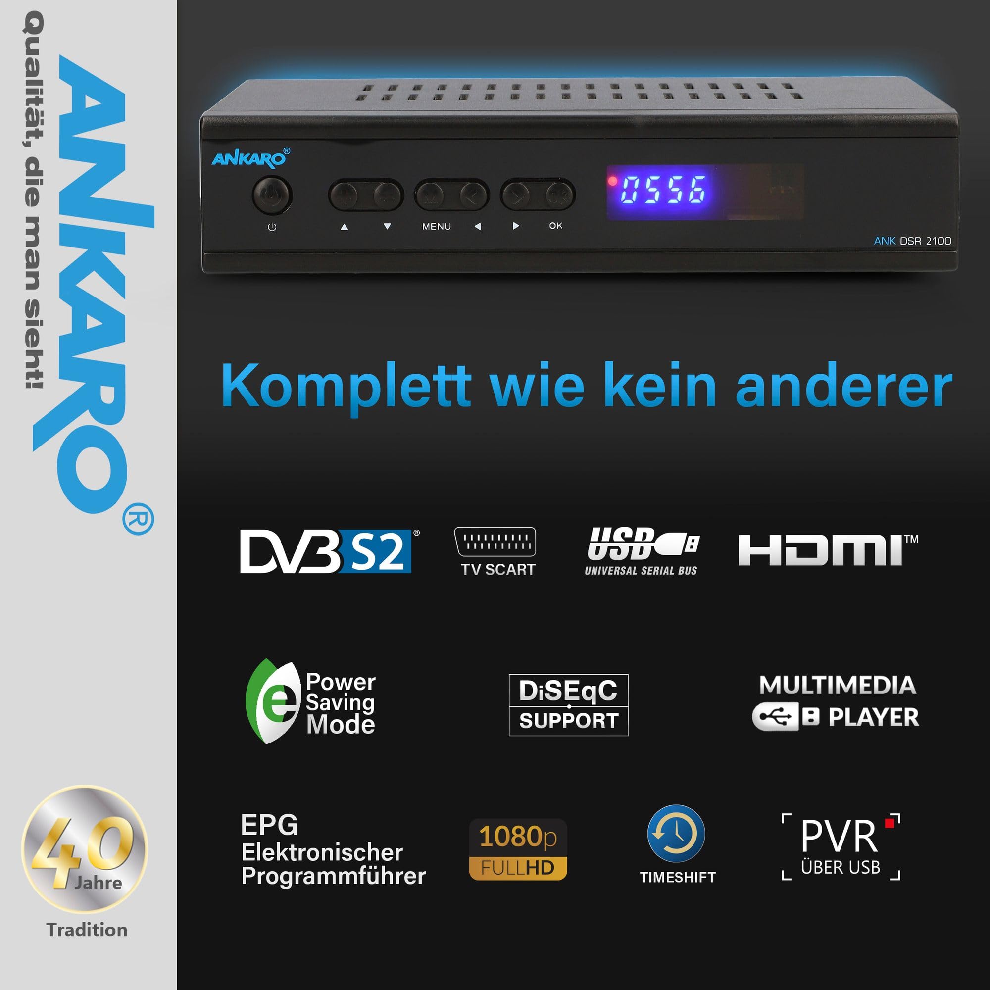 Ankaro 2100 DSR HD Sat Receiver mit PVR Aufnahmefunktion für Satellitenschüssel, AAC-LC Audio, Einkabel tauglich, HDMI,SCART, KOAXIAL, USB 2.0, Timeshift, Receiver für Sat Fernsehen + HDMI Kabel