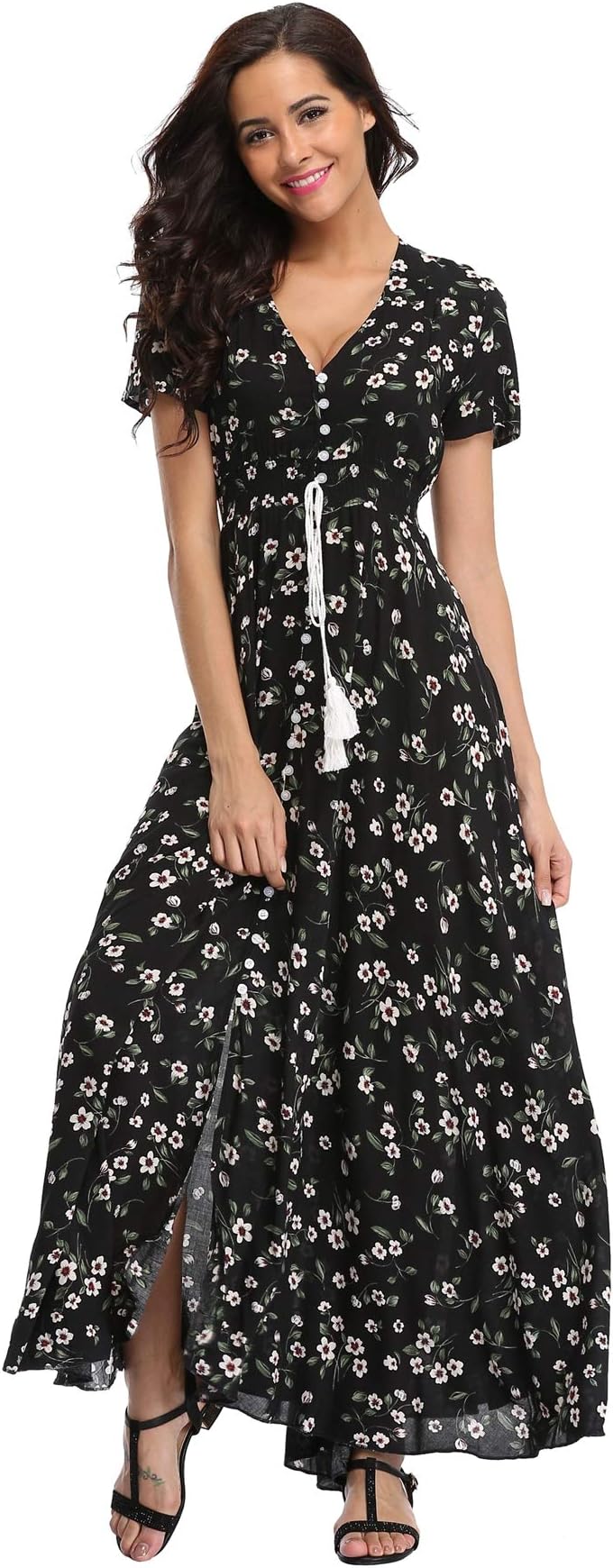 Women's Floral Maxi Dress Button Up Split Flowy Bohemian Party Beach Dresses