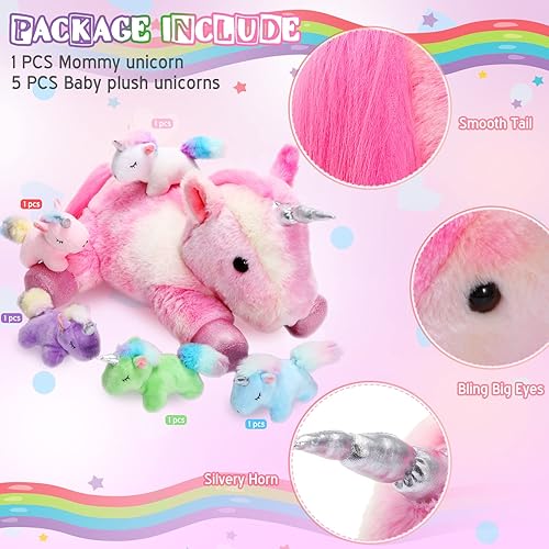 Miniatura 10 de Sumind Peluche de unicornio arcoíris para mamá con 5 lindos unicornios en su barriga, juguete de peluche para mamá, niñas, bebés y niños pequeños de