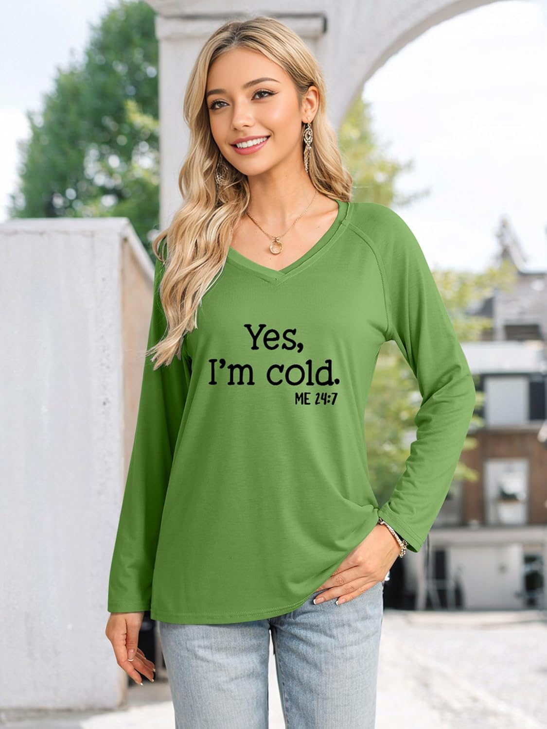 Womens Yes I'm Cold Sweatshirt V Neck Long Sleeve Shirts Casual Loose Graphic Sweatshirts - Image 2