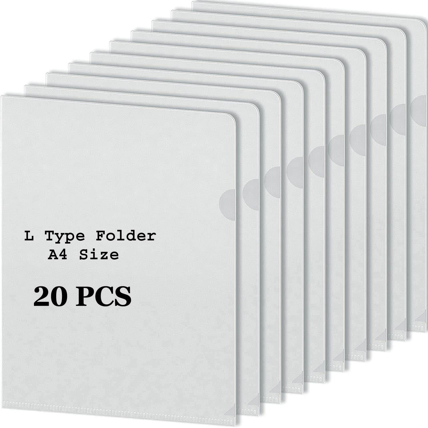 Funda transparente tipo L para documentos tamaño A4, soporte para documentos de proyecto, carpeta de plástico para documentos, papel y certificados, 20 unidades