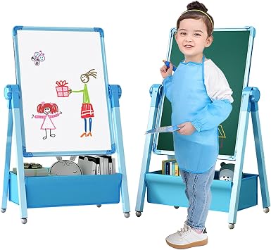 Art Easel for Kids, Double Sided Kids Easel Drawing Board, Whiteboard & Blackboard, Adjustable Kids Easel Art Set, Standing Erasable Easel Board, Easel for Classroom Light Blue