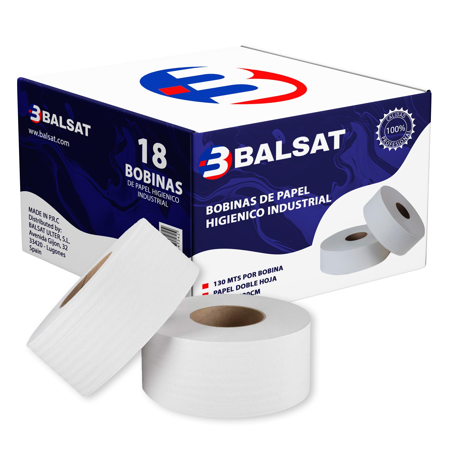 BALSAT | 18 Bobinas De Higiénico | Industrial Resistente Doble Hoja | Rollo Industrial130m | Baño | Ideal en Dispensador.