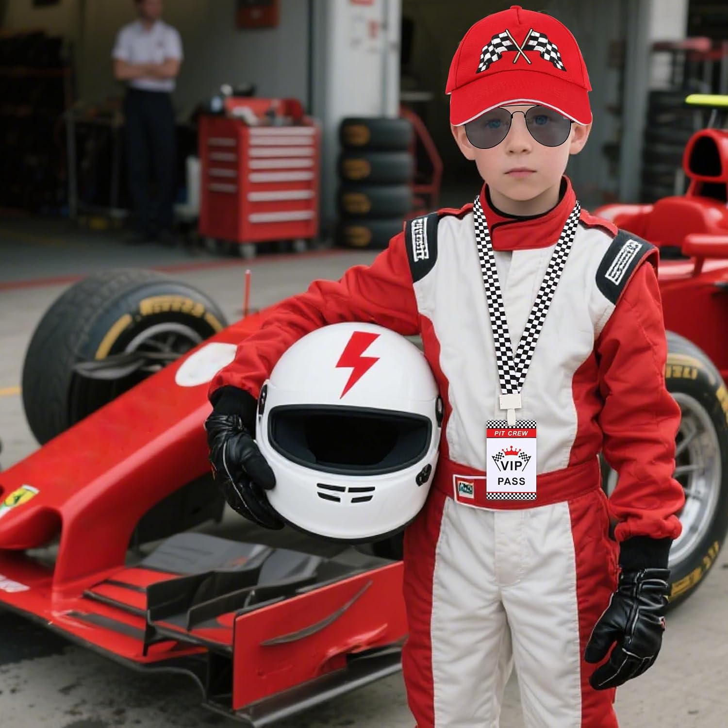 WAYASDCU Kids Race Car Driver Costume Boys Girls Set Race Car Outfit Accessories Hats Eyeglasses Flags Racing VIP Pass Cards for Career Day Party