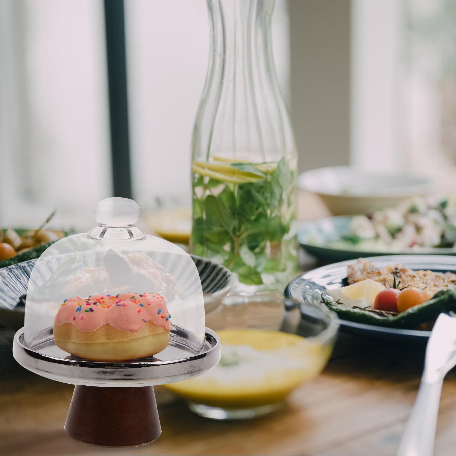 Soporte para Tartas con Tapa de Cristal y Base de Madera, Diseño Elegante para Exhibir Frutas y Mantener Frescura en Eventos y Reuniones