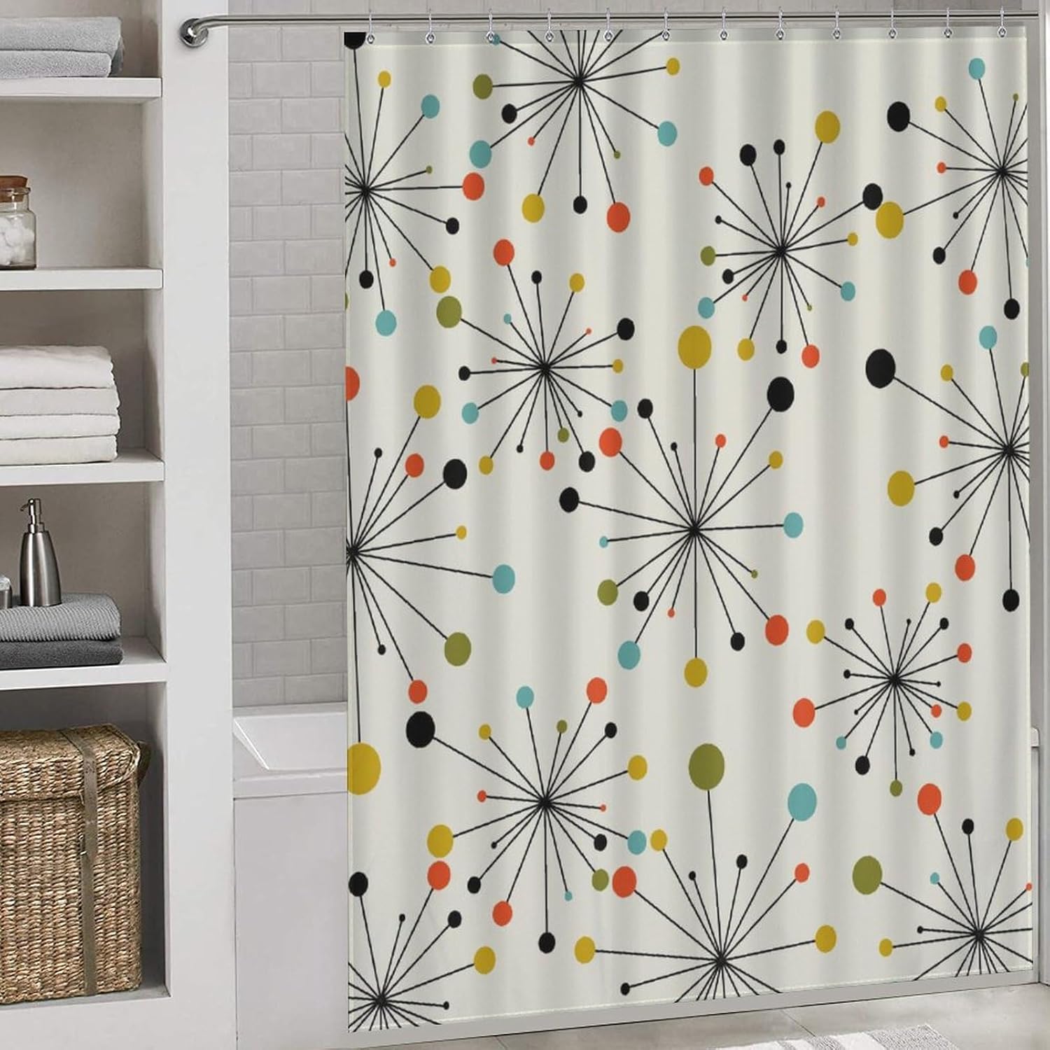 Mid Century Modern Shower Curtain, Geometric Atomic Abstract Iconic Pattern 1950s 1960s Retro Style Art Pastel Waterproof Fabric Bathroom Shower Curtain Set with Hooks,72"x84" Inch