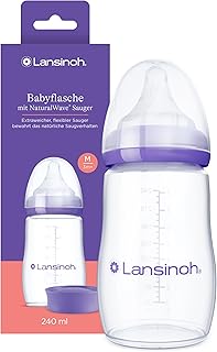 Lansinoh Babyflasche mit NaturalWave Sauger Gr. M, 240 ml - neues kompaktes Design für verbesserte Stabilität - mit stapelbarem Deckel