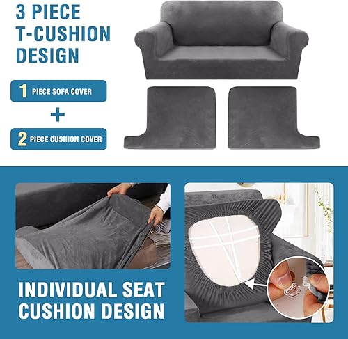 Miniatura 4 de H.VERSAILTEX Funda para sofá de 3 piezas, fundas para sofá con cojines en forma de T, funda para sofá de terciopelo grueso, protector de muebles,