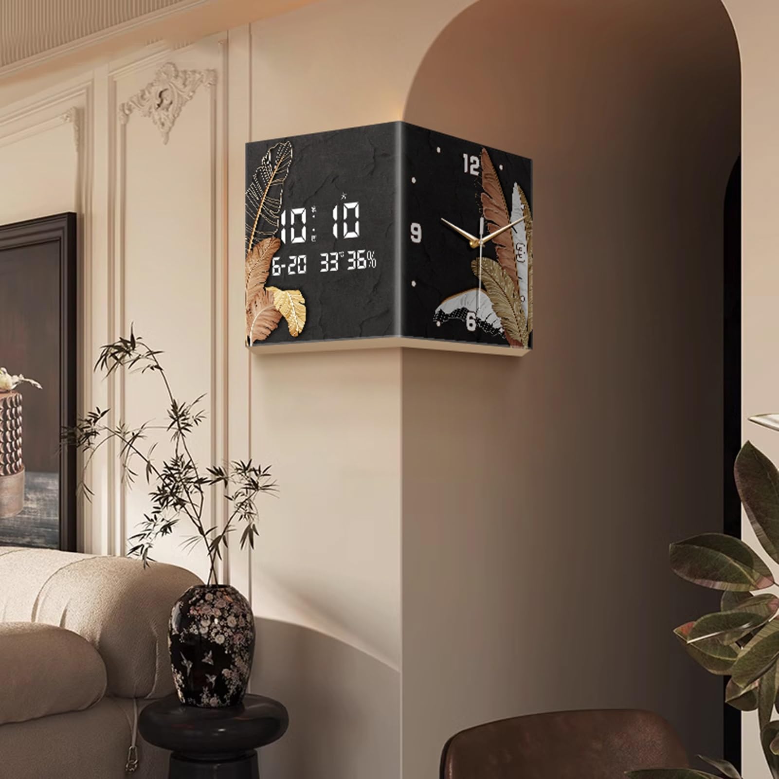 Horloge murale numérique d'angle double face pour lire l'heure sans bruit