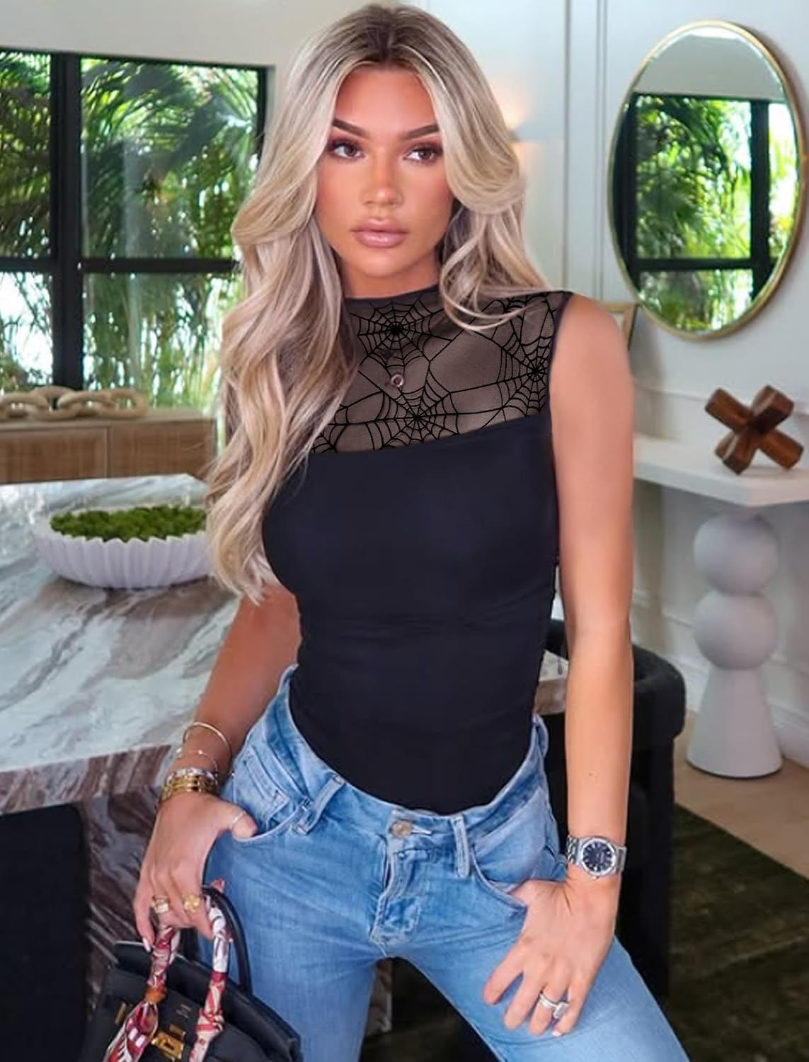 Avidlove Women's Mock Neck Mesh Bodysuit Ruched Tank Body Suits Top Sheer One Piece Going Out Tops Classy Outfits