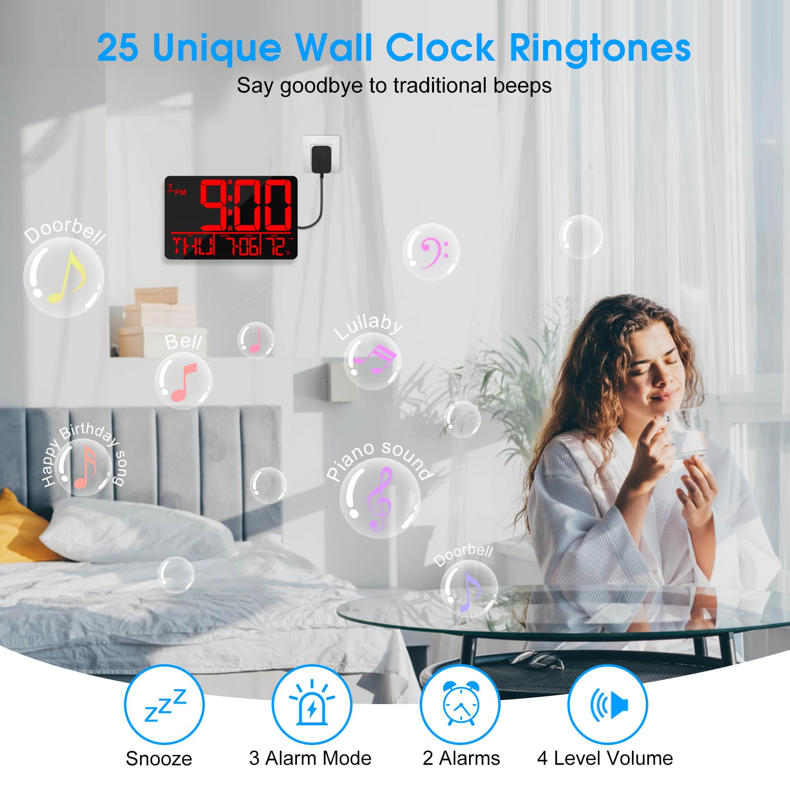 Grande horloge murale numérique LED de 33 cm avec télécommande, synchronisation Bluetooth, 25 sonneries, température, date et jour de la semaine, double alarme, luminosité automatique, DST