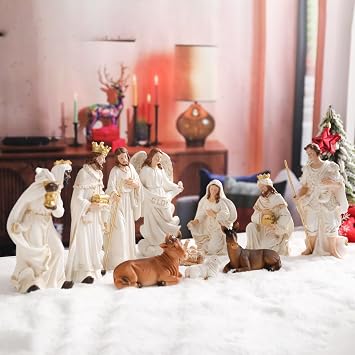 Christmas Nativity Set Figurine,Hand Resin Craft Statue Nativity Scene Indoor,Baby Jesus Holy Family Firguines Statue, Nativity Sets for Christmas Indoor, 11 Pcs
