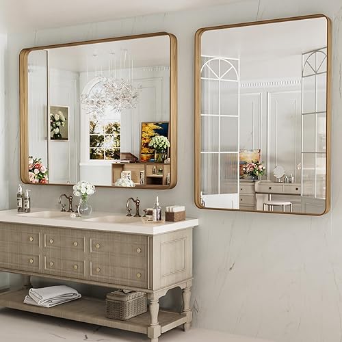 Miniatura 399 de LOAAO - Espejo de tocador para baño con marco de metal negro mate de 24 x 32 pulgadas para pared, rústico, rectangular, grande, redondeado