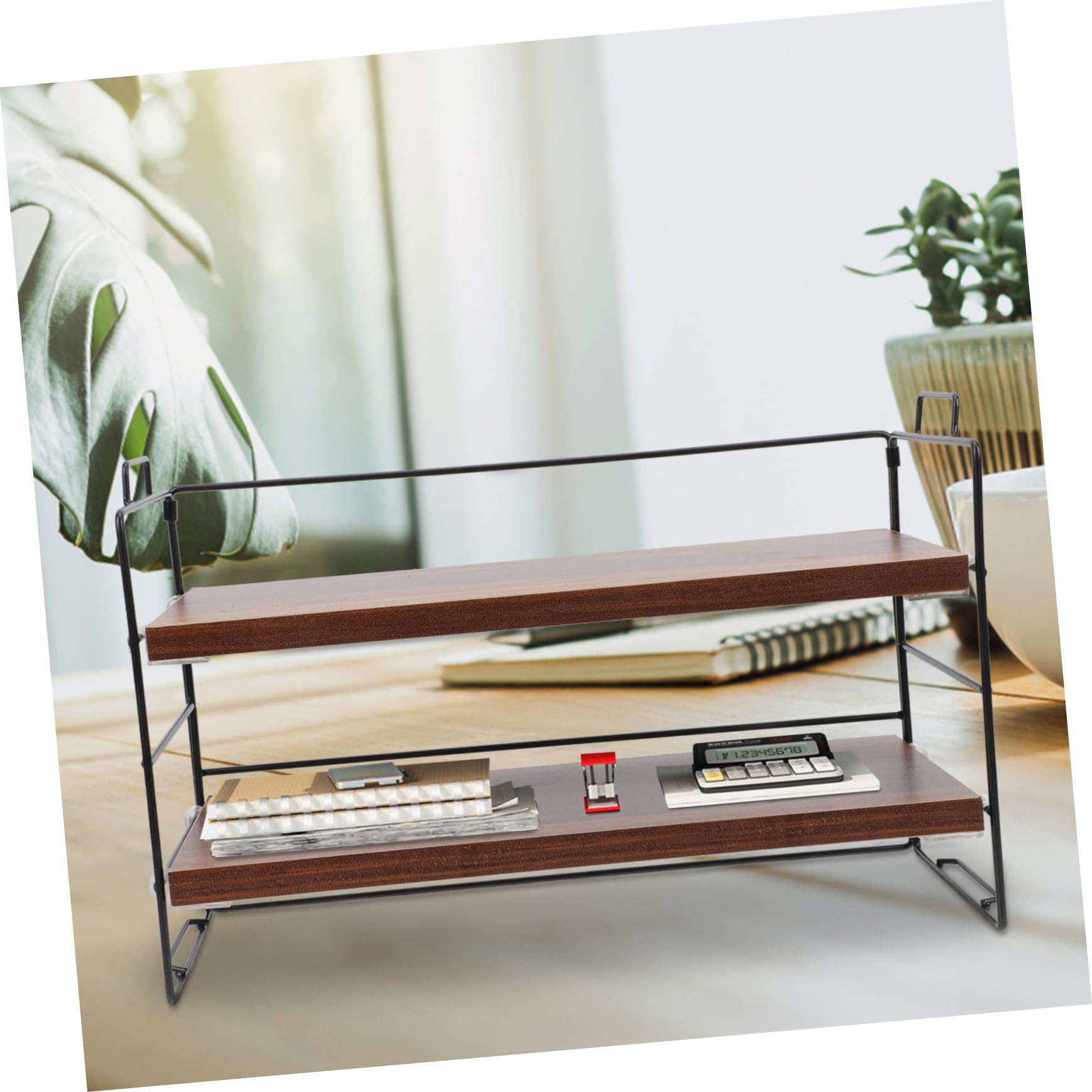 DECHOUS Kleines Bücherregal aus Eisen und Holz 2 Ebenen Einfach zu Montieren Beweglich für Schreibtisch und Büro Gewürzregal Stehend Holz