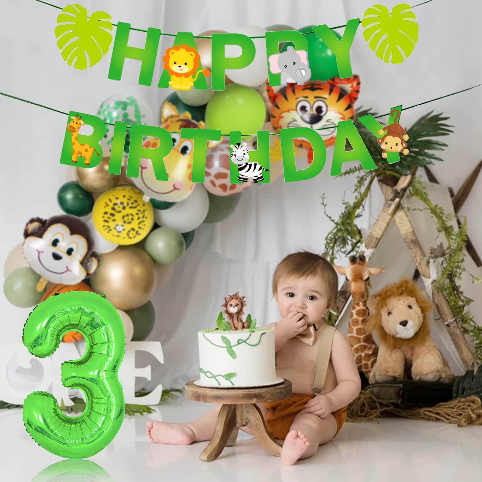 3 Anni Decorazioni Compleanno, Addobbi per Feste Verde Safari Animali della Giungla con Palloncini Animali Safari Striscione Buon Compleanno 40'' 3 Palloncino Foil Verde per Bambino Ragazza Ragazzi