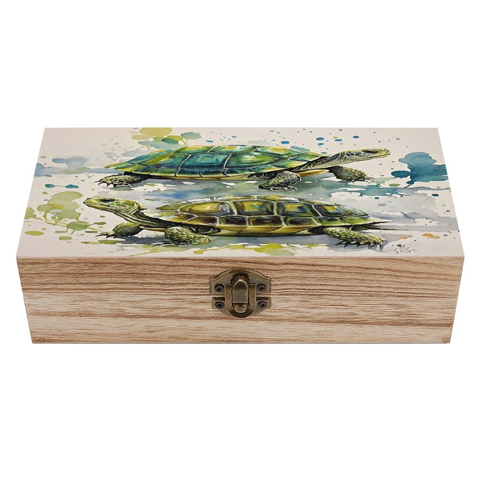 FekiLoot Two Turtles Watercolor Splash Wooden Storage Box Exquisite Wood Keepsake Box Vintage Wooden Gift Jewelry Case for Crafts And Photo Storage Boxes