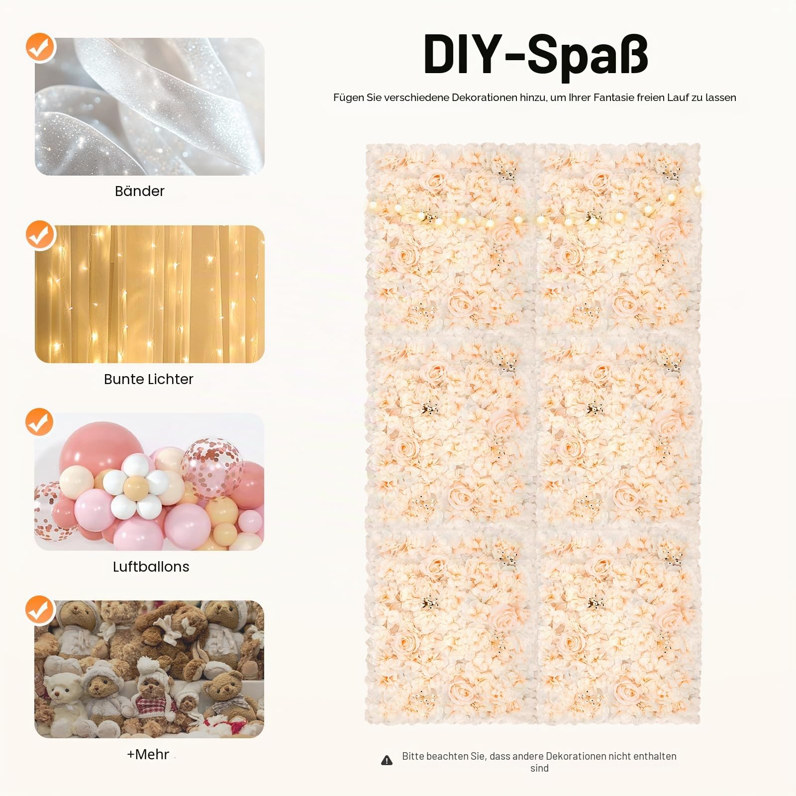6 Stück Künstliche Blumenwand Rosenwand Hintergrund HochzeitKunstblumen Panel DIY, für Hochzeit Party Heimdekoration Gärten Wohnzimmern, Balkonen, Hintergründen Hochzeitsfotos Dekor, 40x60cm