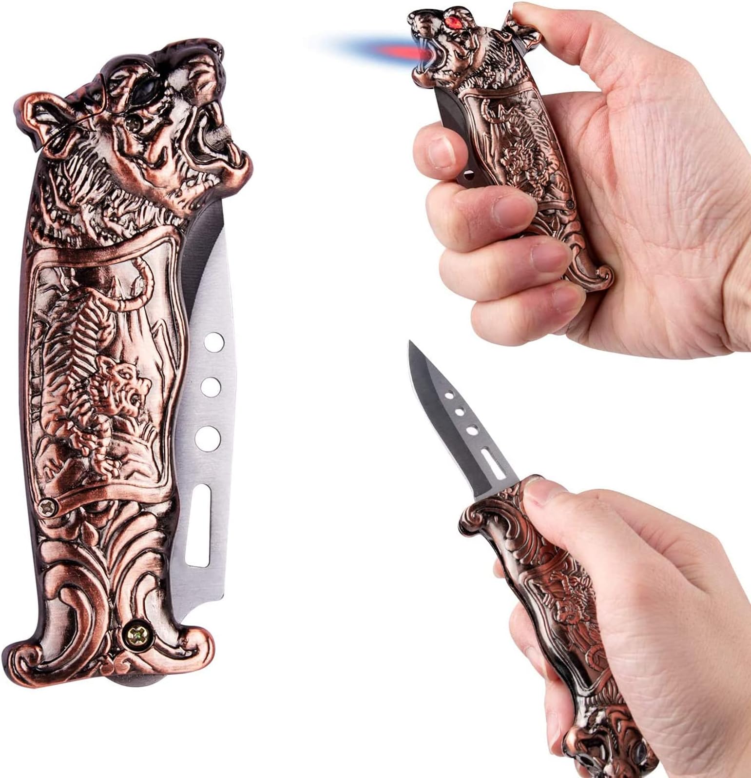 Jet Torch Lighter, Windproof Cigar Tiger Lighters with a One-Click Ejection Knife Design, Cool Case for Gift, Refillable Butane Lighters for Birthday, Candle, Camping, Self-Defense.