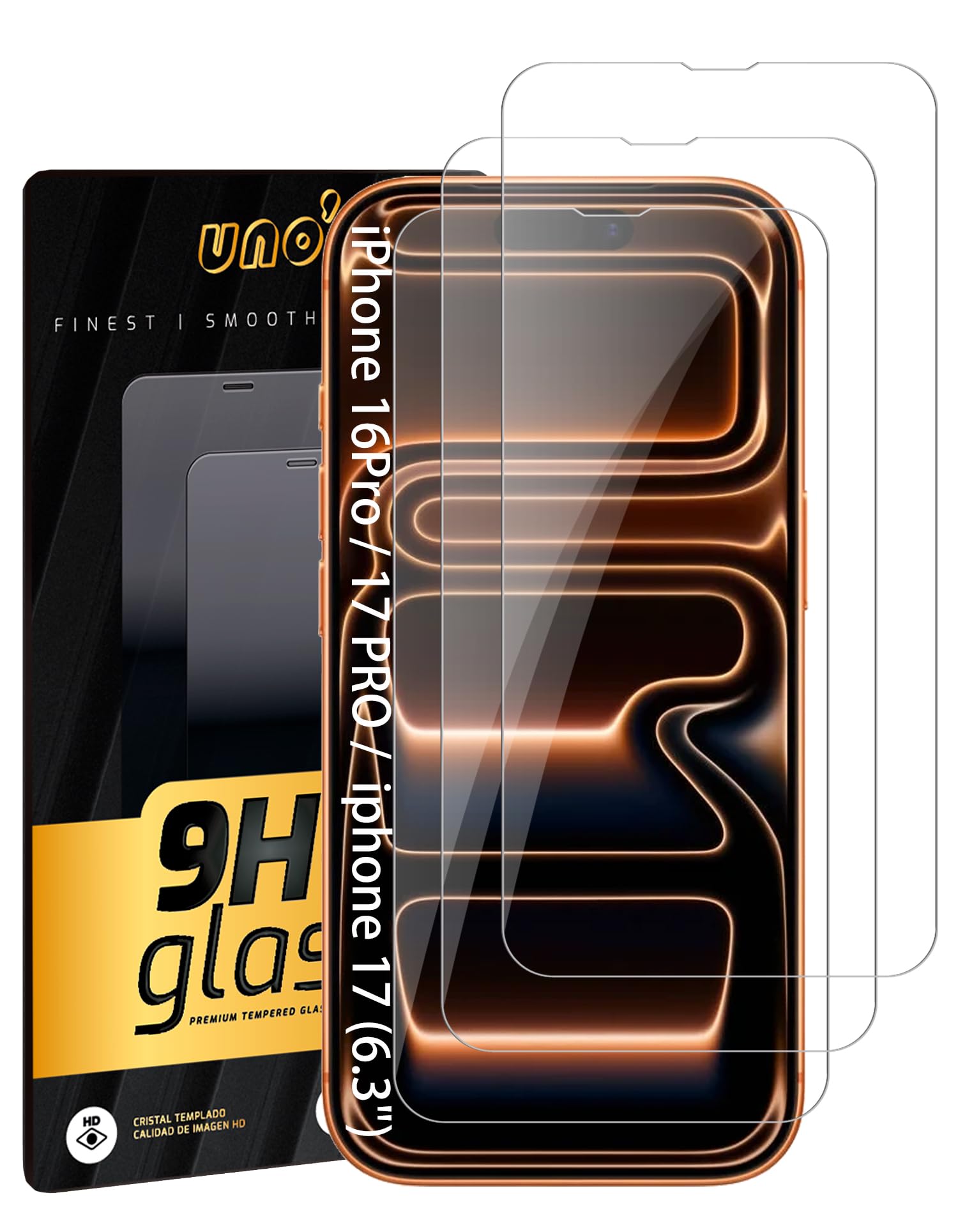 UNO' 3 sztuki ochraniacz ekranu do / iPhone17 / iPhone 17 Pro/iPhone 16Pro, szkło hartowane 9H HD, odporne na odciski palców, odporne na zarysowania, kompatybilne z etui, łatwy montaż. (17/17Pro/16Pro