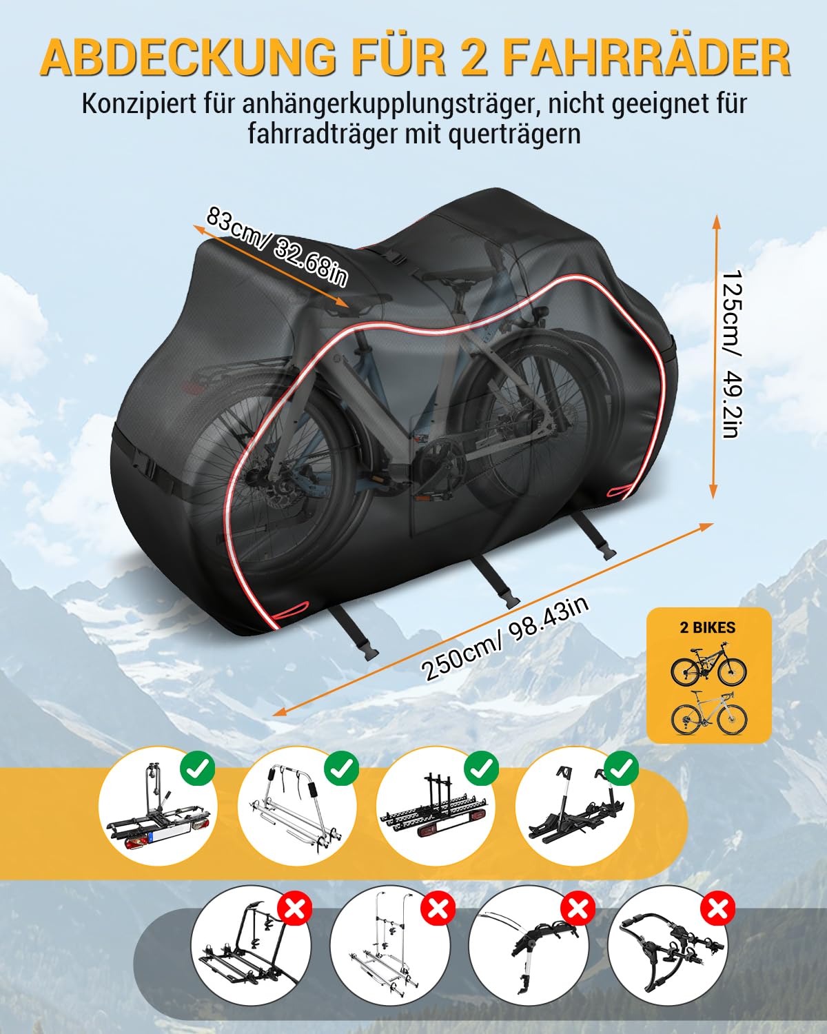 900D Série Housse de Vélo pour 2 Vélos | Résistant aux déchirures, pour porte-bagages arrière, imperméable, avec sac de signalisation