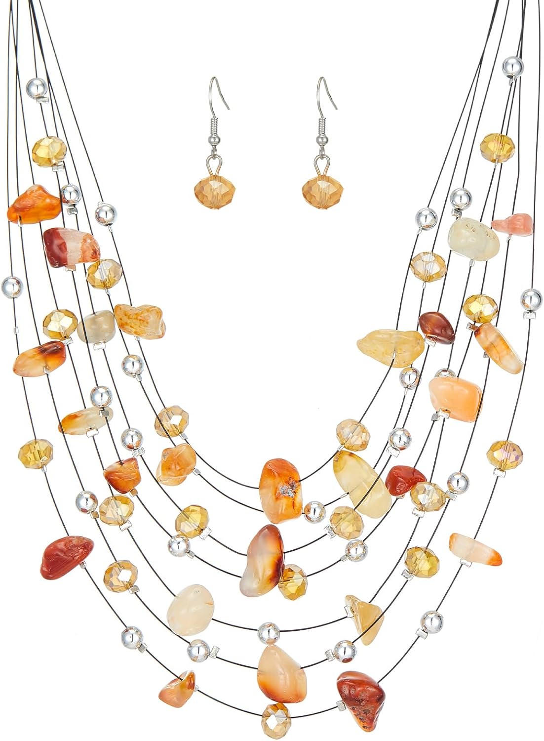 Multi-Layer Boho Shell Beaded Necklace for Women Colorful Crystal Strand with Silver Beads Statement Collars Necklace and Earrings Costumes Jewelry Sets for Women