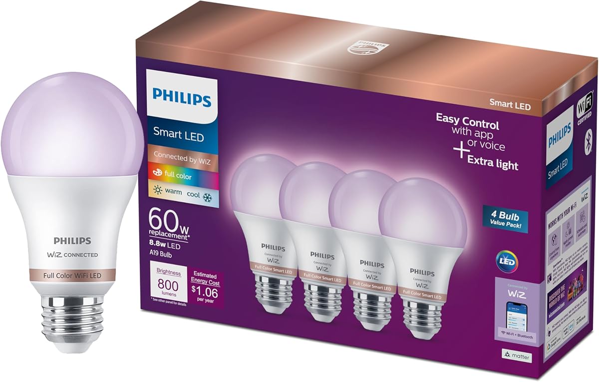 Bombillas conectadas de iluminación inteligente, paquete de 4, color A19 60W 800LM E26 luces LED interiores, bombillas inteligentes con detección de movimiento, control con voz o aplicación